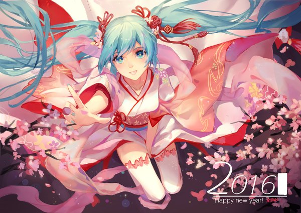 Anime picture 1200x849 with vocaloid hatsune miku atdan single looking at viewer blush open mouth twintails very long hair traditional clothes japanese clothes aqua eyes aqua hair new year happy new year girl thighhighs flower (flowers) ribbon (ribbons) hair ribbon