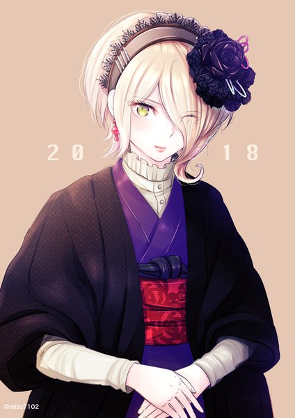 Anime picture 1088x1541 with dangan ronpa new danganronpa v3 toujou kirumi mizutama single tall image looking at viewer fringe short hair blonde hair green eyes signed upper body traditional clothes japanese clothes hair flower hair over one eye twitter username floral print new year