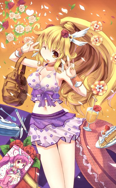Anime picture 806x1300 with precure smile precure! toei animation kise yayoi cure happy hoshi no gen long hair tall image blonde hair smile multiple girls one eye closed wink orange eyes girl navel 2 girls miniskirt food sweets