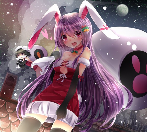 Anime picture 1564x1400 with touhou reisen udongein inaba inaba tewi e-co long hair blush short hair open mouth black hair red eyes purple eyes bare shoulders multiple girls animal ears purple hair night bunny ears zettai ryouiki snowing christmas