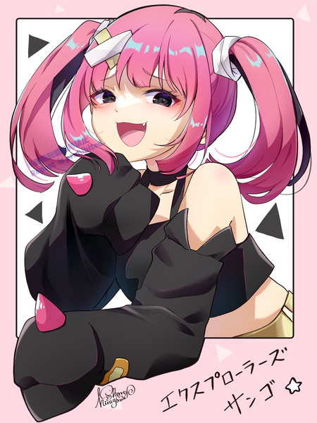Anime picture 3072x4096 with pokemon pokemon horizons nintendo sango (pokemon) hiragana sherry single long hair tall image looking at viewer highres open mouth twintails signed pink hair absurdres :d black eyes fang (fangs) character names watermark