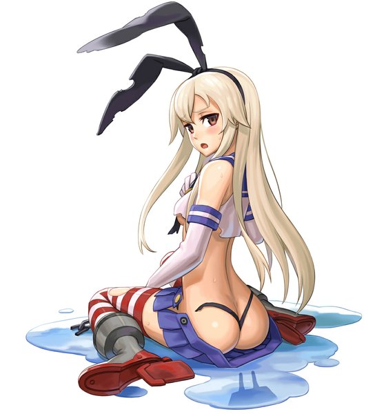 Anime picture 1068x1144 with kantai collection shimakaze destroyer poncho (seiga) single long hair tall image blush open mouth light erotic simple background blonde hair white background brown eyes full body ass torn clothes girl thighhighs gloves bow