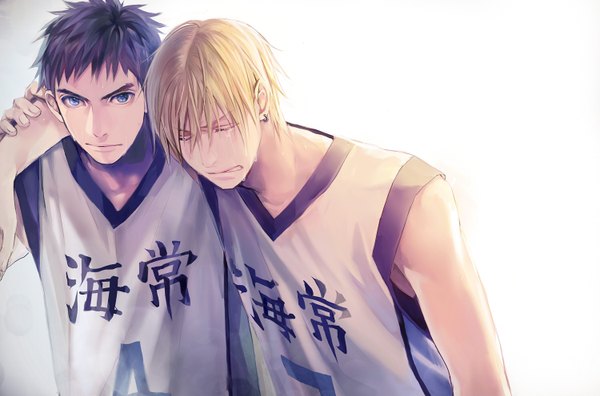 Anime picture 1500x991 with kuroko no basket production i.g kise ryouta kasamatsu yukio megane hoata looking at viewer blue eyes black hair blonde hair simple background white background multiple boys hug tears crying basketball boy uniform earrings 2 boys