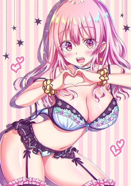 Anime picture 2894x4093 with original tenzeru single long hair tall image looking at viewer blush fringe highres breasts open mouth light erotic simple background smile hair between eyes large breasts standing bare shoulders payot pink hair
