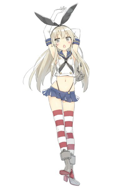 Anime picture 637x900 with kantai collection shimakaze destroyer kani biimu single long hair tall image blush open mouth light erotic simple background white background looking away silver hair arms up ass visible through thighs silver eyes girl thighhighs skirt gloves