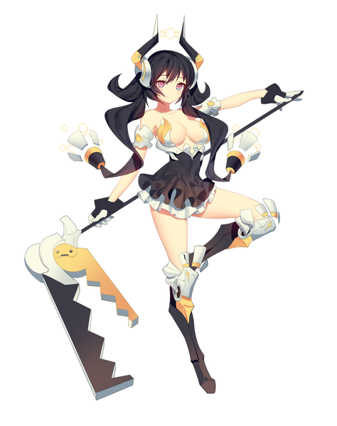 Anime picture 1500x1899 with original ronopu long hair tall image looking at viewer fringe light erotic black hair smile twintails bare shoulders holding bent knee (knees) multicolored eyes girl gloves weapon knee boots