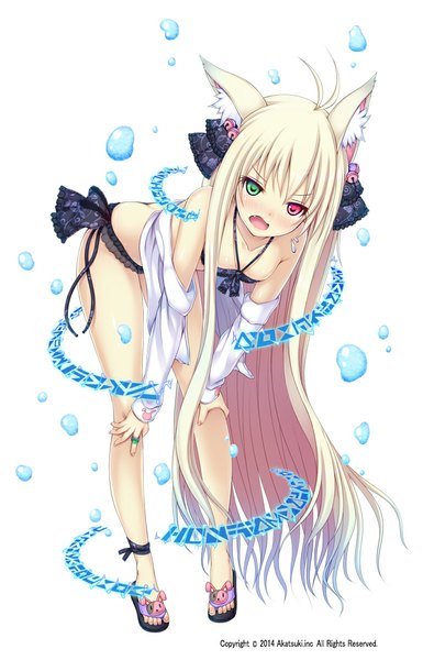 Anime picture 698x1086 with original akyorapenyo single tall image looking at viewer blush open mouth light erotic simple background blonde hair white background bare shoulders animal ears very long hair cat ears open clothes open jacket cat girl heterochromia girl
