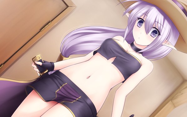 Anime picture 1920x1200 with original kaleina (ricegnat) ricegnat single long hair looking at viewer highres light erotic wide image purple eyes purple hair pointy ears girl navel hat miniskirt collar
