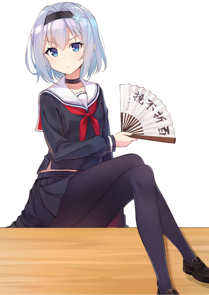 Anime picture 1003x1417 with ryuuou no oshigoto! sora ginko .com single tall image looking at viewer blush fringe short hair blue eyes simple background hair between eyes white background sitting holding silver hair long sleeves pleated skirt crossed legs girl