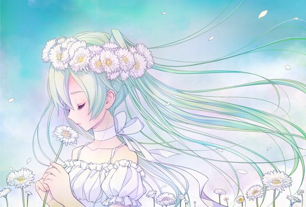 Anime picture 2039x1378 with vocaloid hatsune miku long hair highres twintails eyes closed aqua hair girl dress flower (flowers) wreath