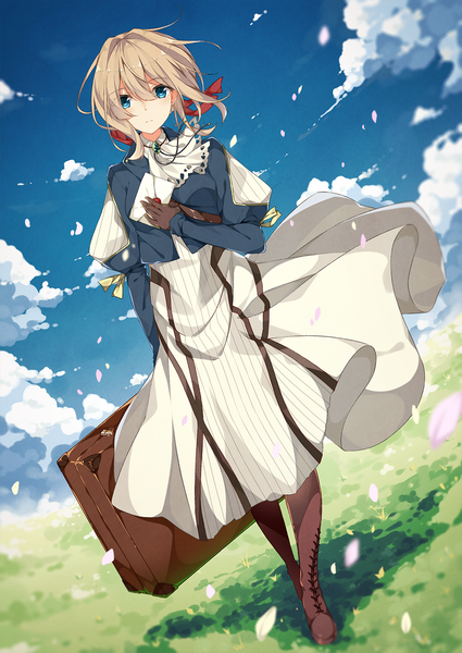 Anime picture 1003x1416 with violet evergarden kyoto animation violet evergarden (character) taiyaki (astre) single tall image looking at viewer fringe short hair blue eyes blonde hair hair between eyes sky cloud (clouds) full body wind dutch angle walking girl dress