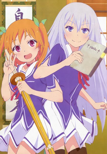 Anime picture 2612x3735 with ore no kanojo to osananajimi ga shuraba sugiru a-1 pictures nyantype natsukawa masuzu harusaki chiwa long hair tall image blush highres short hair open mouth blue eyes smile purple eyes multiple girls blue hair orange hair official art girl uniform