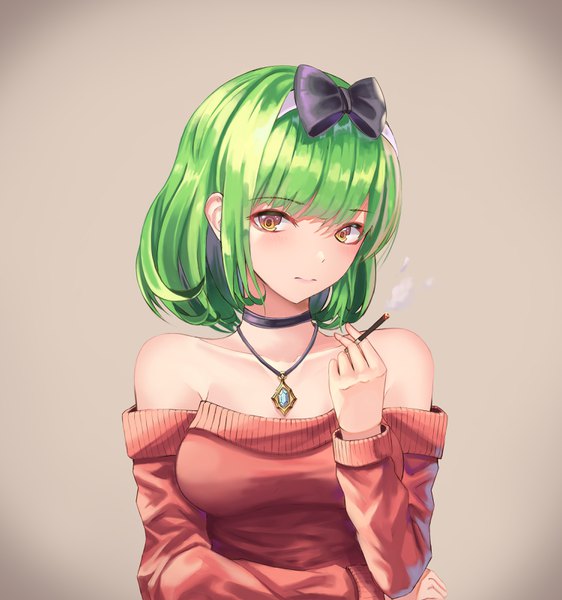 Anime picture 3000x3200 with original cup6542 single tall image looking at viewer blush fringe highres short hair breasts simple background bare shoulders holding yellow eyes upper body long sleeves head tilt green hair off shoulder smoke