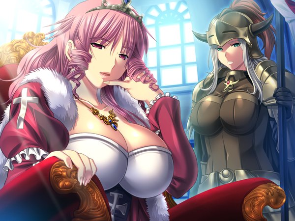 Anime picture 1024x768 with demonion vanessa cromwell darian stomgard long hair breasts light erotic large breasts purple eyes multiple girls game cg silver hair purple hair drill hair girl dress 2 girls pendant tiara