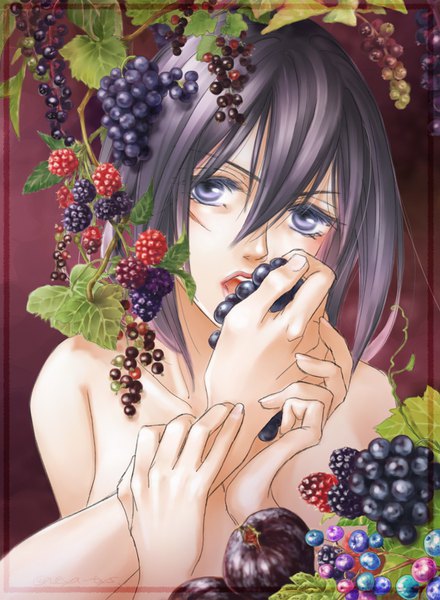 Anime picture 705x960 with shingeki no kyojin production i.g mikasa ackerman neya single long hair tall image looking at viewer short hair open mouth light erotic black hair purple eyes portrait topless red background girl food berry (berries) grapes