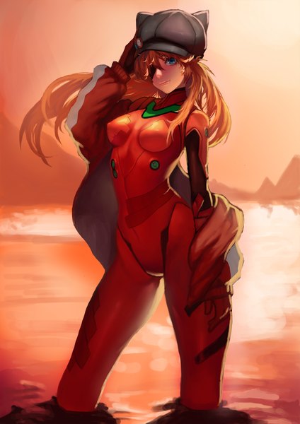 Anime picture 1280x1811 with neon genesis evangelion rebuild of evangelion evangelion: 3.0 you can (not) redo gainax soryu asuka langley ray (nagaseray) single long hair tall image looking at viewer blue eyes light erotic smile orange hair partially submerged evening sunset arched back girl water
