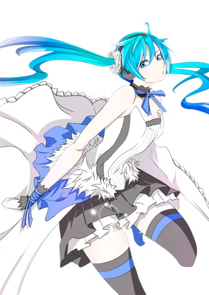 Anime picture 2508x3541 with 7th dragon 2020 vocaloid hatsune miku tatsuya (1223496) single long hair tall image looking at viewer blush highres open mouth simple background standing white background twintails bare shoulders aqua eyes aqua hair leg lift (legs lift) girl