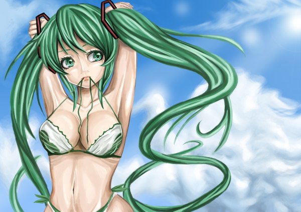 Anime picture 1200x849 with vocaloid hatsune miku long hair breasts light erotic twintails green eyes cloud (clouds) green hair girl swimsuit bikini