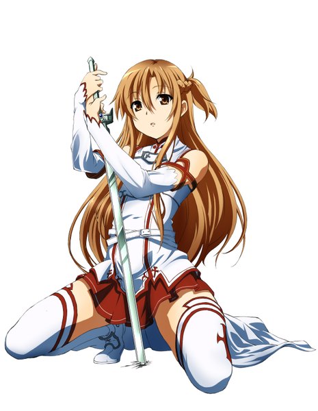 Anime picture 1201x1548 with sword art online a-1 pictures yuuki asuna unknown (nanairo1016) long hair tall image simple background brown hair white background brown eyes girl thighhighs skirt weapon detached sleeves miniskirt white thighhighs sword