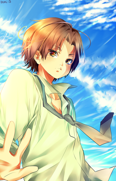 Anime picture 1375x2150 with axis powers hetalia studio deen south italy (hetalia) itemilicious single tall image short hair brown hair brown eyes sky cloud (clouds) ahoge from below open collar boy shirt necktie