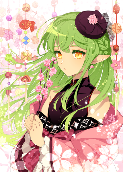 Anime picture 1144x1600 with original l (matador) single long hair tall image fringe hair between eyes holding yellow eyes looking away upper body green hair pointy ears androgynous flower (flowers) hat earrings branch