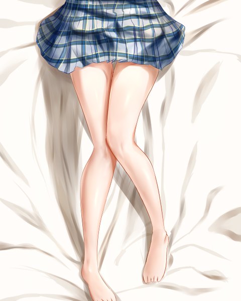 Anime-Bild 2000x2500 mit original ldm single tall image highres bent knee (knees) lying pleated skirt barefoot bare legs shadow on back thigh gap plaid skirt close-up head out of frame girl skirt bedsheet toes