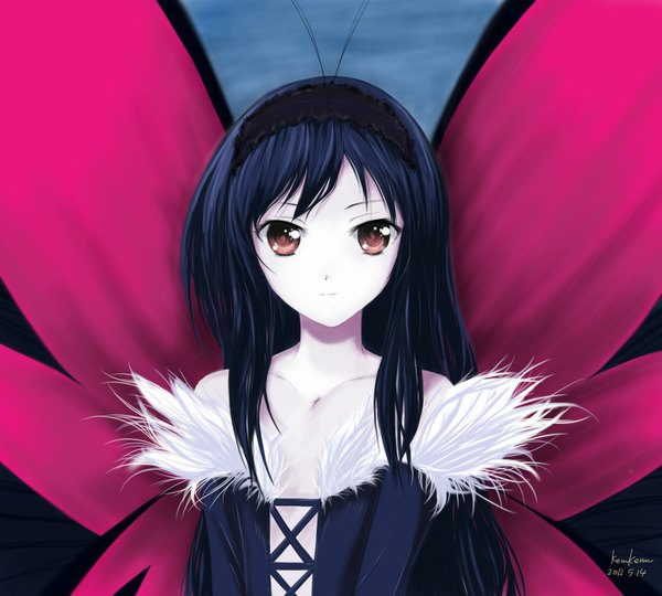 Anime picture 1651x1488 with accel world sunrise (studio) kuroyukihime kem kem single long hair looking at viewer black hair brown eyes signed portrait insect wings butterfly wings girl dress hairband