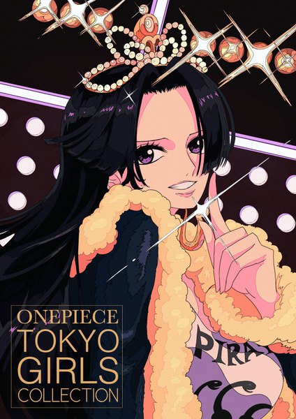 Anime picture 2480x3508 with one piece toei animation boa hancock sherumaru (korcht06) single long hair tall image looking at viewer highres black hair smile purple eyes payot upper body head tilt sparkle copyright name fur trim grin text