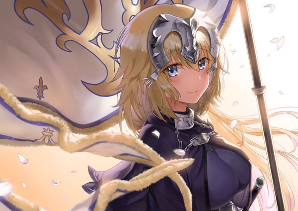 Anime picture 3508x2480 with fate (series) fate/grand order fate/apocrypha jeanne d'arc (fate) (all) jeanne d'arc (fate) jjeono single long hair looking at viewer blush fringe highres breasts blue eyes blonde hair smile hair between eyes large breasts absurdres upper body