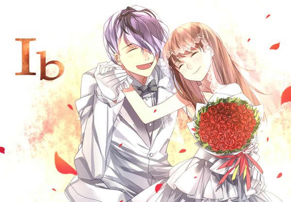 Anime picture 1250x867 with ib (game) garry (ib) ib (ib) long hair blush fringe short hair open mouth simple background smile brown hair signed purple hair eyes closed hair over one eye inscription couple holding hands girl dress
