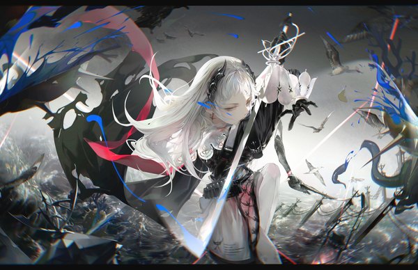 Anime picture 2868x1853 with arknights irene (arknights) alins single long hair highres white hair horn (horns) grey eyes letterboxed girl gloves weapon earrings animal sword black gloves bird (birds) sleeve cuffs