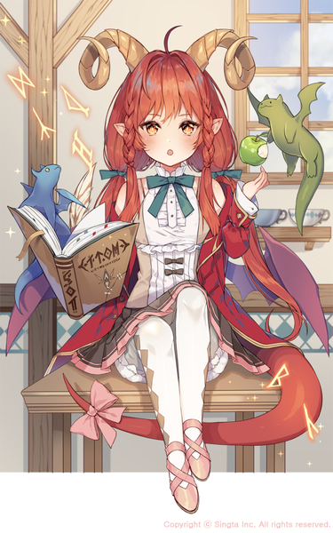 Anime picture 600x959 with sid story salamander (sid story) laurelfalcon single long hair tall image looking at viewer blush fringe open mouth sitting twintails payot full body ahoge red hair indoors tail braid (braids) pleated skirt