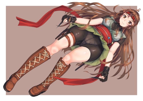 Anime picture 1214x860 with original gendai kunoichi (tori@gununu) tori@gununu single long hair looking at viewer light erotic smile brown hair brown eyes ahoge lace-up boots girl gloves boots fingerless gloves obi leggings