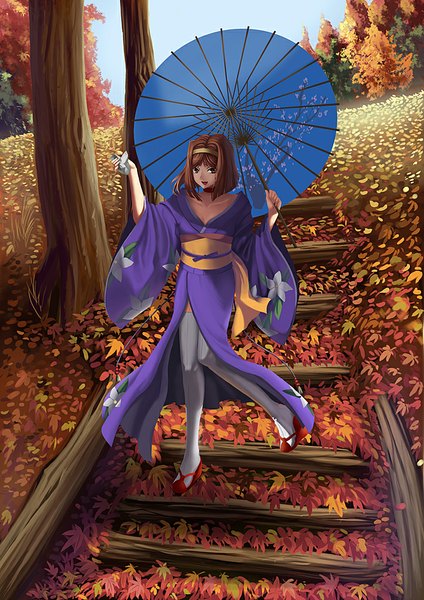 Anime picture 724x1024 with sakura taisen kanzaki sumire majicjiang single tall image short hair open mouth brown hair brown eyes traditional clothes japanese clothes girl thighhighs plant (plants) white thighhighs tree (trees) hairband kimono leaf (leaves) umbrella