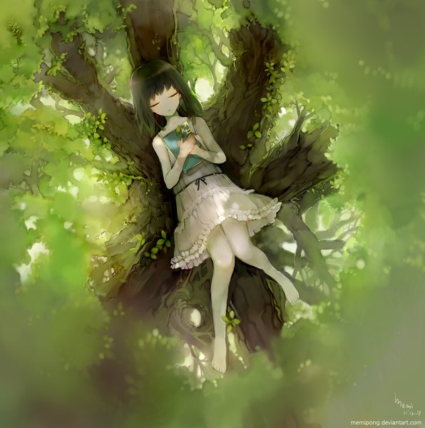 Anime picture 2067x2081 with original memipong single tall image highres short hair black hair lying eyes closed barefoot sleeping girl dress plant (plants) tree (trees) book (books) sundress
