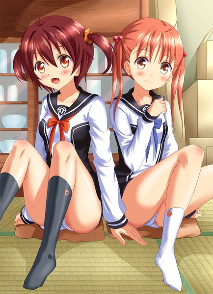 Anime picture 873x1205 with vividred operation isshiki akane isshiki momo kyamu (qqea92z9n) tall image looking at viewer blush short hair open mouth light erotic smile red eyes twintails multiple girls brown eyes pink hair red hair short twintails girl 2 girls