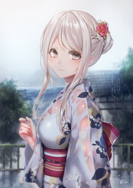 Anime-Bild 1748x2480 mit original sakiryo kanna single tall image looking at viewer blush fringe highres short hair breasts large breasts standing signed payot sky silver hair upper body outdoors braid (braids) traditional clothes