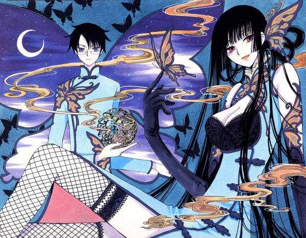 Anime picture 1500x1172 with xxxholic clamp ichihara yuuko watanuki kimihiro single long hair looking at viewer short hair breasts blue eyes black hair simple background red eyes large breasts white background light smile lipstick crescent butterfly on hand girl