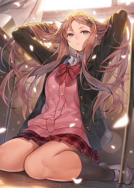 Anime picture 1488x2088 with original hagure keg single long hair tall image looking at viewer fringe brown hair sitting yellow eyes indoors parted lips pleated skirt wind sunlight open clothes arms up from below lens flare adjusting hair
