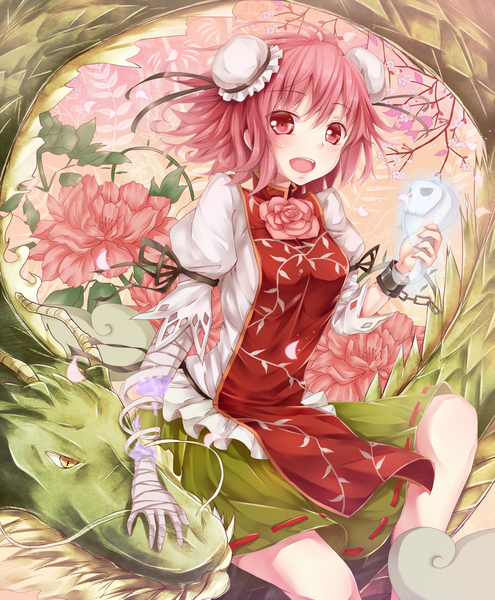 Anime picture 1200x1455 with touhou ibaraki kasen koutei (touhou) dabadhi single tall image blush short hair open mouth red eyes pink hair ghost girl dress flower (flowers) petals chain bandage (bandages) dragon bun cover