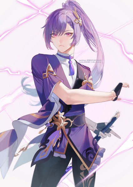 Anime picture 1769x2500 with genshin impact keqing (genshin impact) shei99 single long hair tall image highres standing purple eyes signed looking away purple hair ponytail genderswap electricity boy gloves weapon sword fingerless gloves