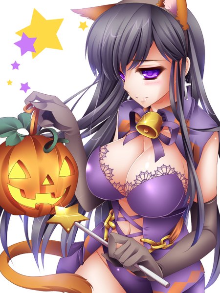 Anime picture 1205x1605 with original moneti (daifuku) single long hair tall image breasts light erotic black hair large breasts white background purple eyes animal ears cat ears cat girl cat tail halloween girl gloves elbow gloves hairband