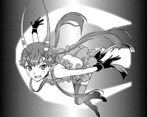 Anime picture 1024x819 with c: the money of soul and possibility control mashu (c) single long hair hair flower horn (horns) pointy ears teeth fang (fangs) monochrome girl hair ornament
