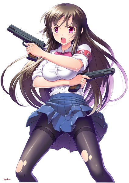 Anime picture 1535x2171 with original number10 (hagakure) single long hair tall image blush fringe breasts open mouth light erotic white background purple eyes holding bent knee (knees) pleated skirt multicolored hair gradient hair dual wielding torn pantyhose screaming