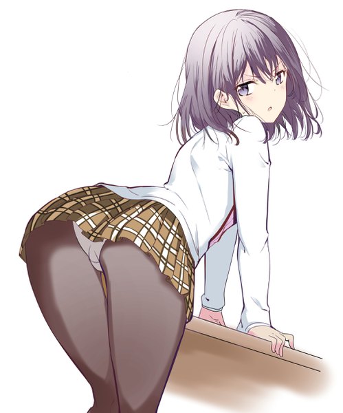 Anime picture 2017x2426 with masamune-kun no revenge silver link adagaki aki nyung single tall image looking at viewer highres short hair light erotic simple background white background purple eyes purple hair ass looking back leaning pantyshot leaning forward plaid skirt