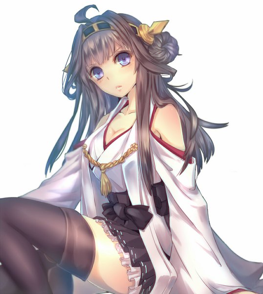 Anime picture 896x1000 with kantai collection kongou battleship shintou single long hair tall image blue eyes black hair simple background white background ahoge nontraditional miko girl thighhighs dress black thighhighs hairband