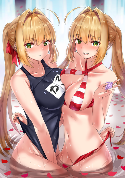 Anime picture 1044x1480 with fate (series) fate/grand order fate/extra nero claudius (fate) (all) nero claudius (fate) nero claudius (swimsuit caster) (fate) farys (afopahqfw) long hair tall image looking at viewer blush fringe breasts open mouth light erotic blonde hair hair between eyes large breasts sitting twintails