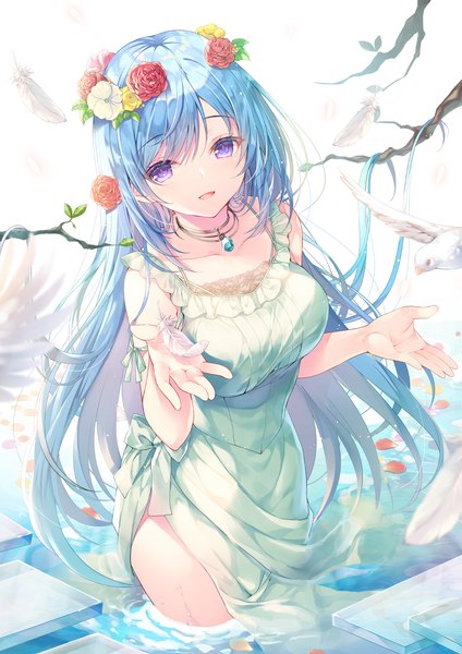 Anime picture 2894x4093 with original emori miku project emori miku miwabe sakura single tall image looking at viewer fringe highres breasts open mouth simple background smile large breasts standing purple eyes blue hair very long hair :d hair flower