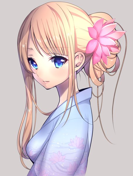 Anime picture 756x997 with original matarou (genkai toppa) single long hair tall image looking at viewer fringe blue eyes simple background blonde hair traditional clothes japanese clothes hair flower light smile grey background hair bun (hair buns) floral print close-up girl hair ornament