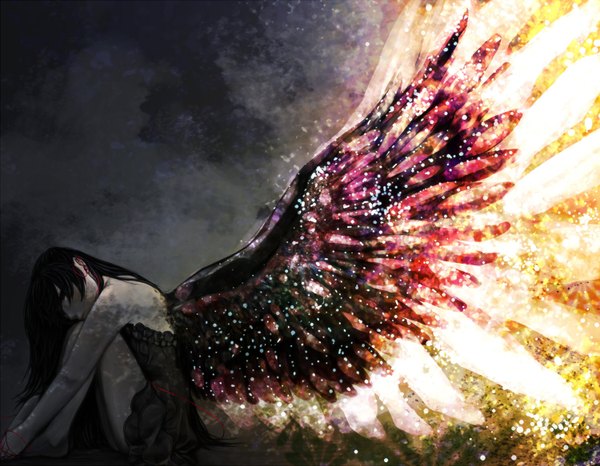 Аниме картинка 1500x1166 с оригинальное изображение yanagi (shyd31) один (одна) длинные волосы чёрные волосы сидит закрытые глаза грусть ангел девушка платье крылья наушники чёрное платье